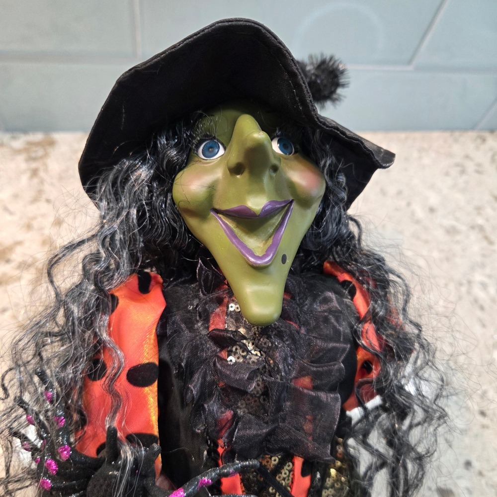 Halloween Shelf Sitter Witch Doll 30" Green Face Sequin Tulle Dress Spider - Picture 2 of 14